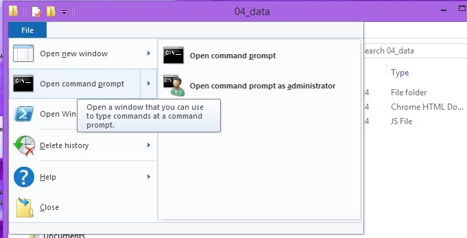Using the File Menu to open a command prompt