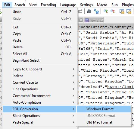 Menu options to change the line endings in Notepad++