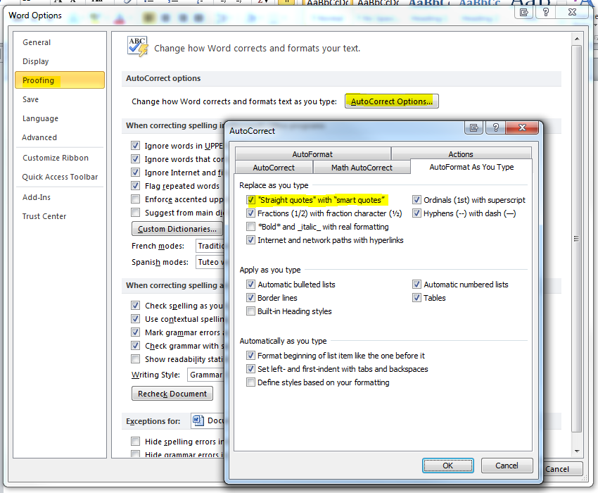 Instructions (highlighted) to turn off smart quotes in Word
