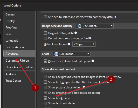 The advanced options for bookmarking