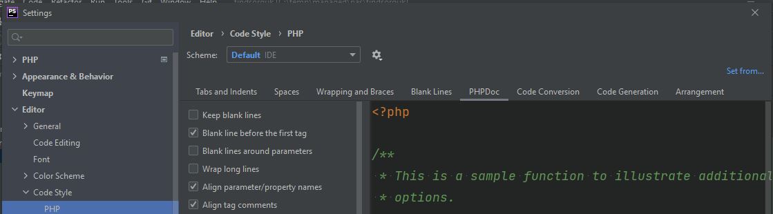 PhpStorm settings screen